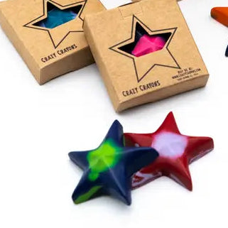 Colorful star-shaped crayons with a box labeled 'Craft Crayons' on a white background.